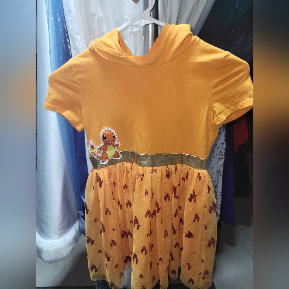 Pokemon Girls Charmander Dress Hooded Mesh Metallic Details Medium/8